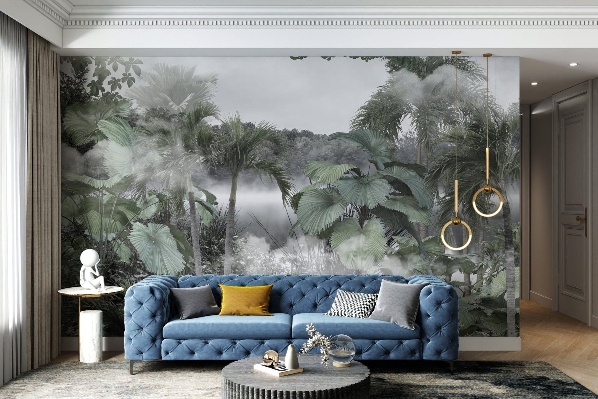 Misty tropical forest wall mural for serene living room interiors.