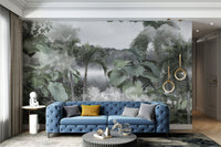 Misty tropical forest wall mural for serene living room interiors.