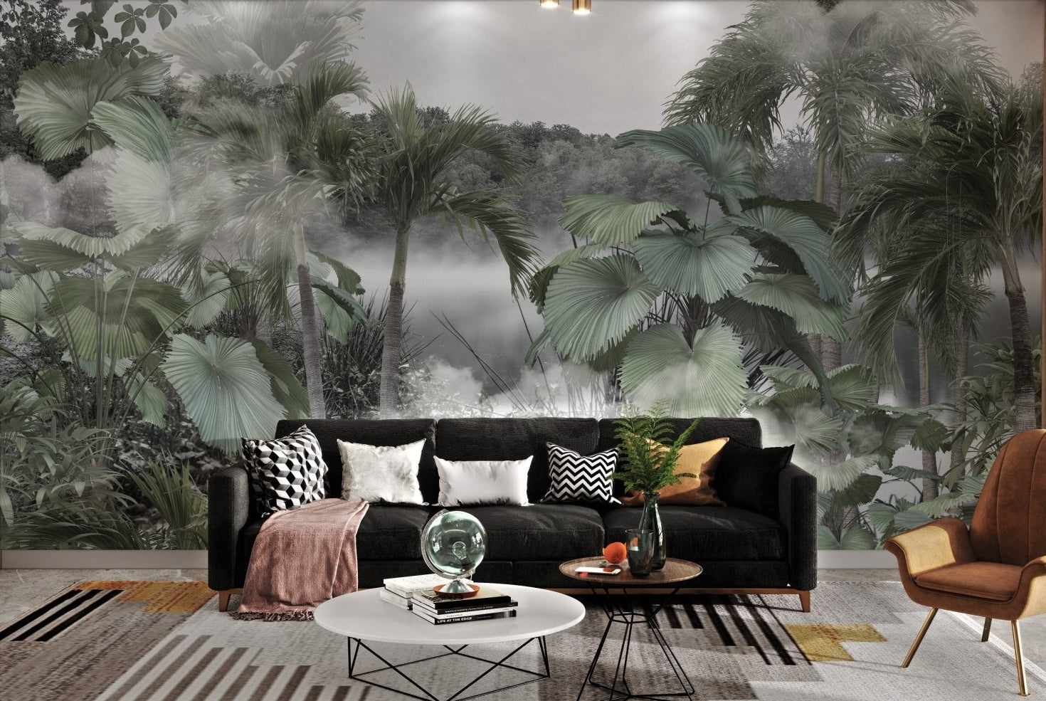 Enchanting Vine Tropical mural featuring  jungle foliage in a modern hall.