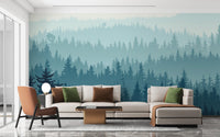 Nature inspired Foggy Forest wall mural featuring pine trees.