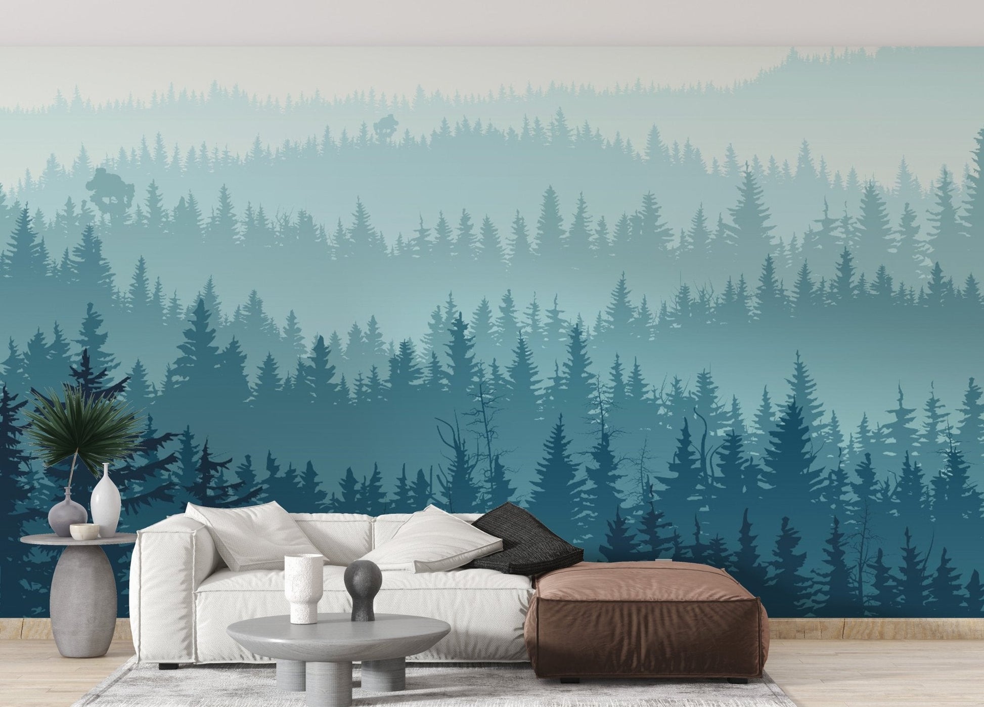 Forest wall mural featuring fog and dense tree layers for living room.