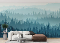 Forest wall mural featuring fog and dense tree layers for living room.