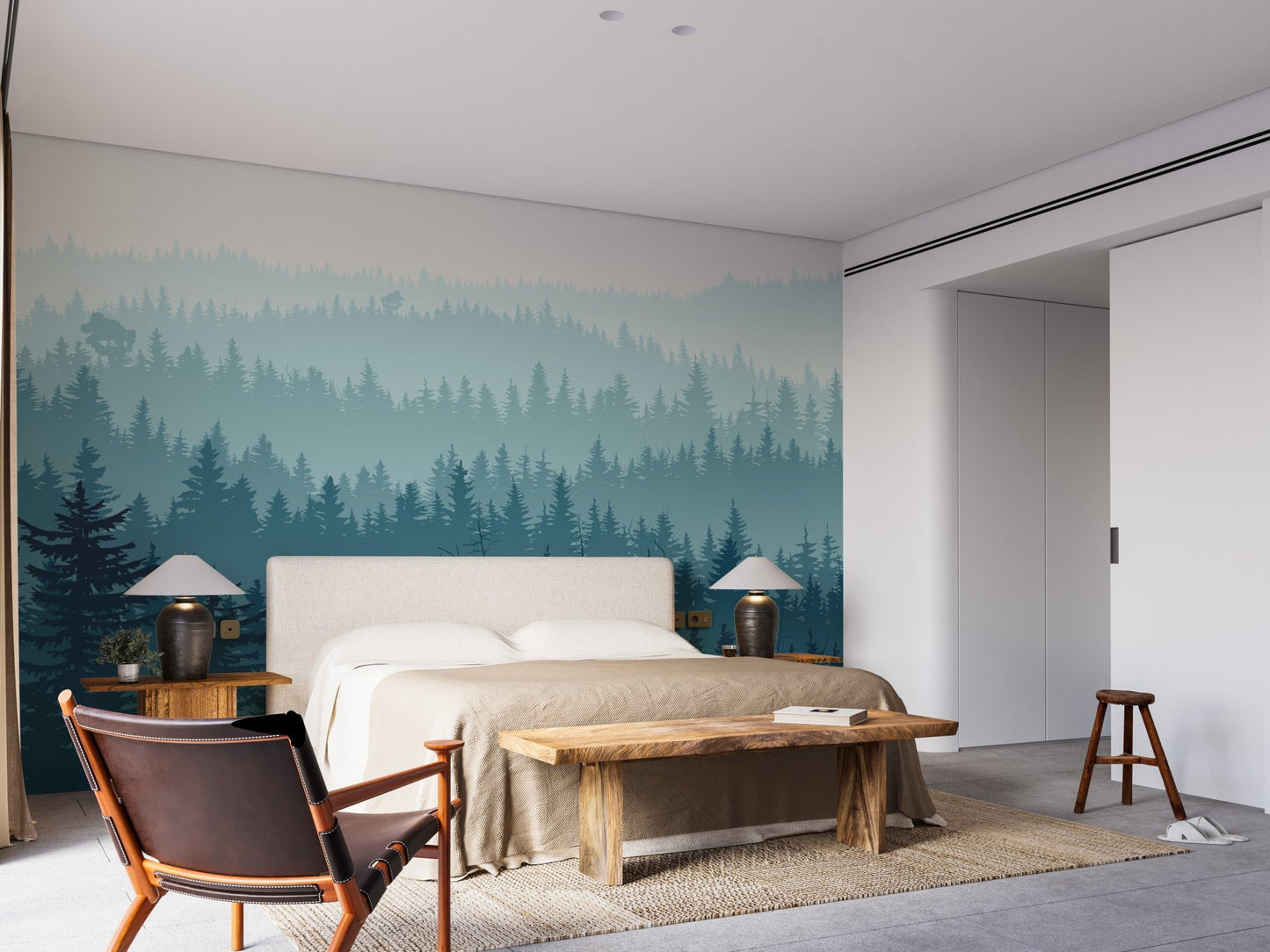 Serene misty forest mural in calming blue tones for bright bedroom.