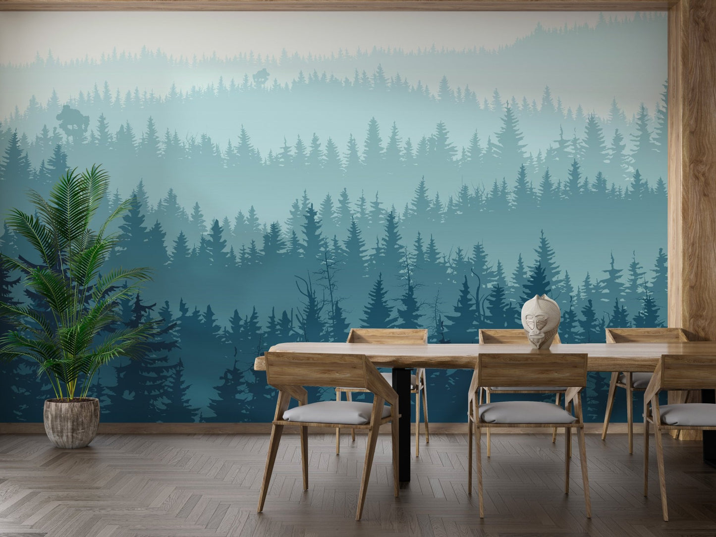 Nature-inspired foggy forest self-adhesive wall mural in dining room.