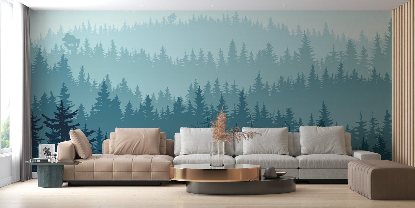 Self-adhesive mural with misty forest tree silhouettes in sunlit living room.
