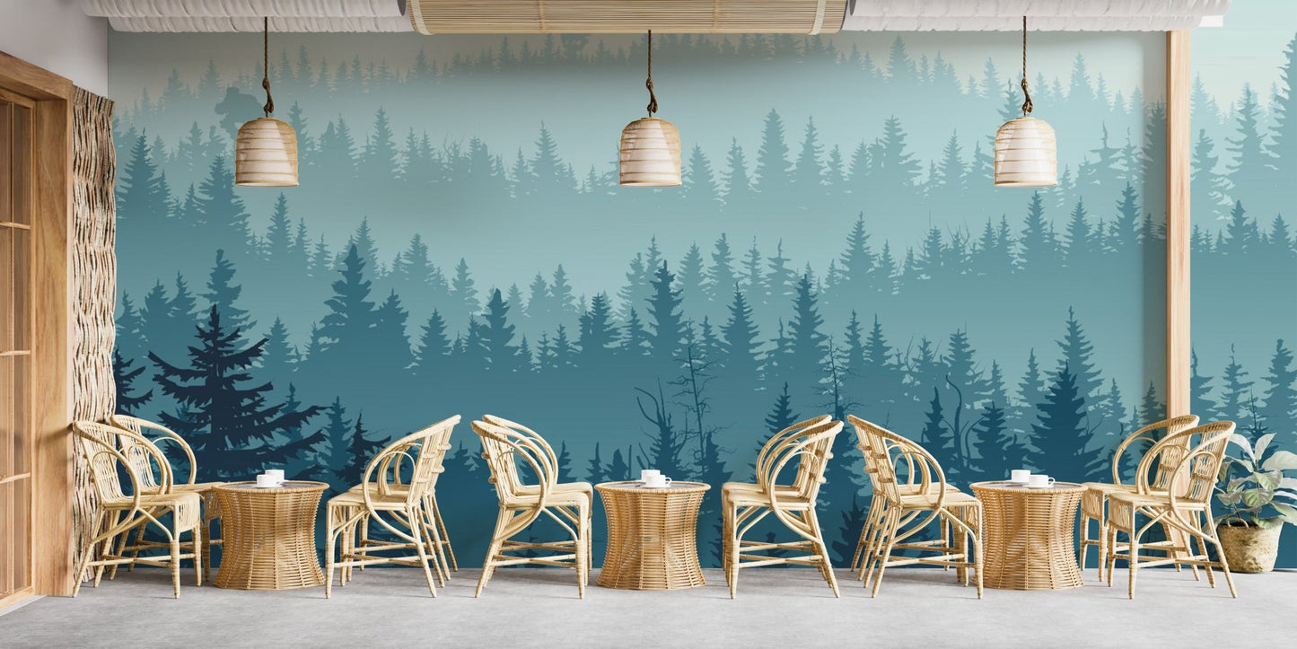 Foggy Forest wall mural featuring pine trees and Monochromatic layers of mist.
