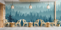 Foggy Forest wall mural featuring pine trees and Monochromatic layers of mist.