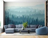Foggy tree wall mural with tranquil layered forest look.