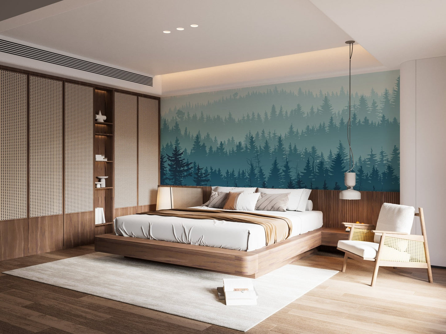 Foggy forest wall mural with layered tree silhouettes in modern bedroom.