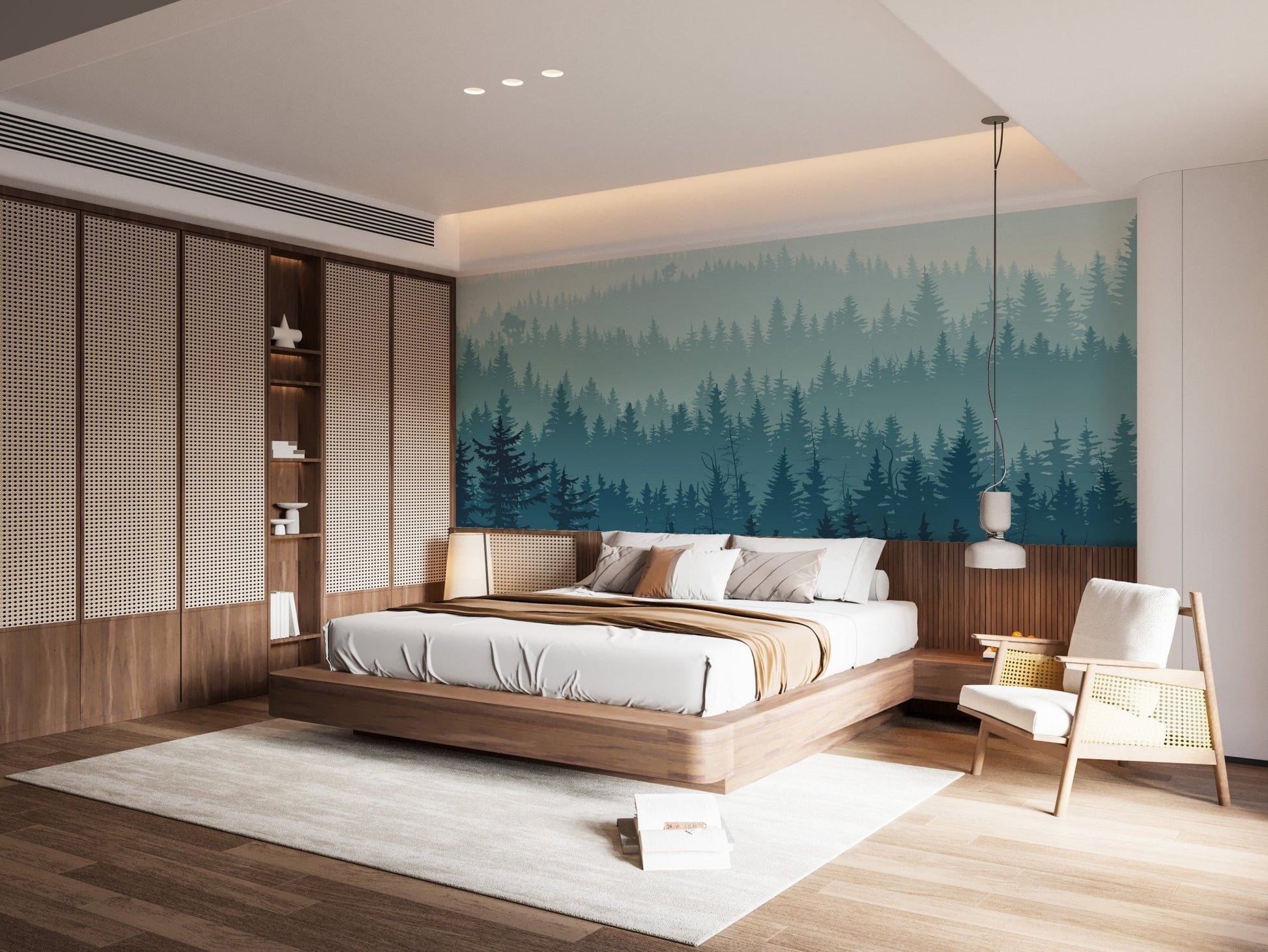 Foggy forest wall mural with layered tree silhouettes in modern bedroom.