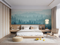 Misty woodland scene wall mural with layered trees in sunlit bedroom.