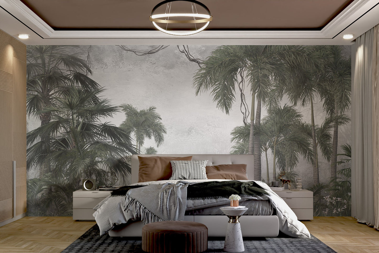 Elegant misty palm tree wall mural in bedroom.