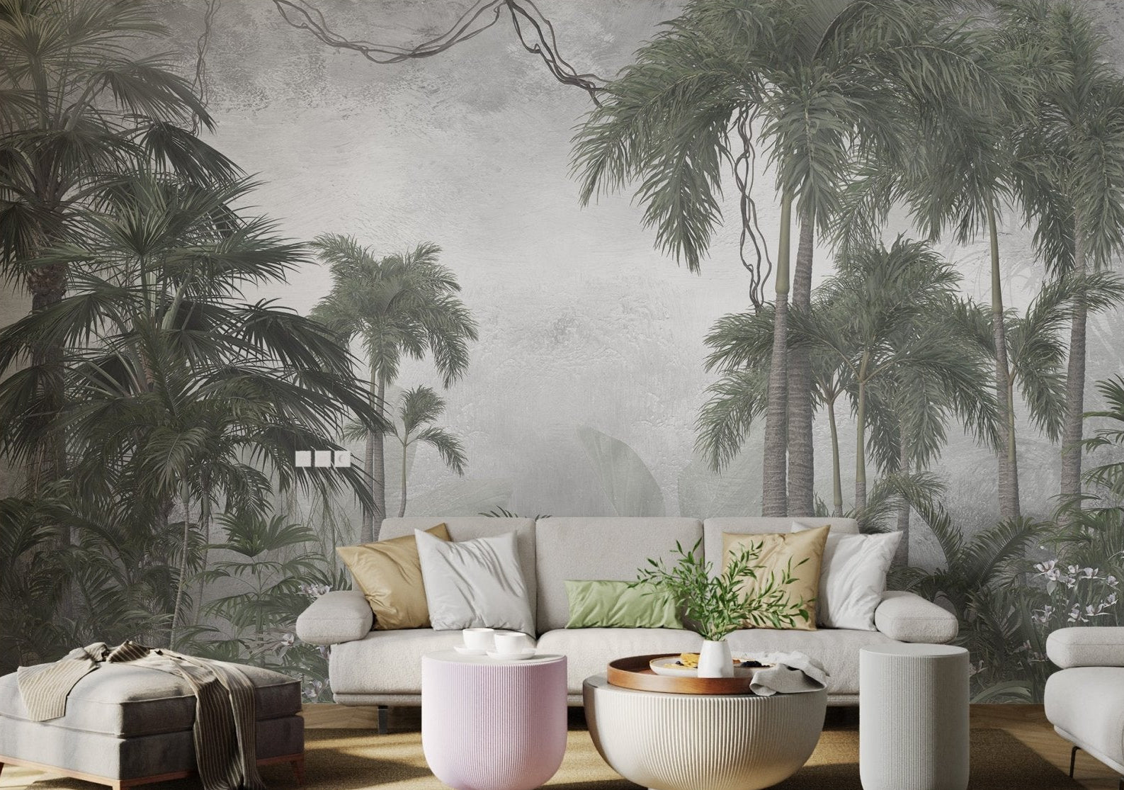 Tropical leaves wall mural design for peaceful seating space.