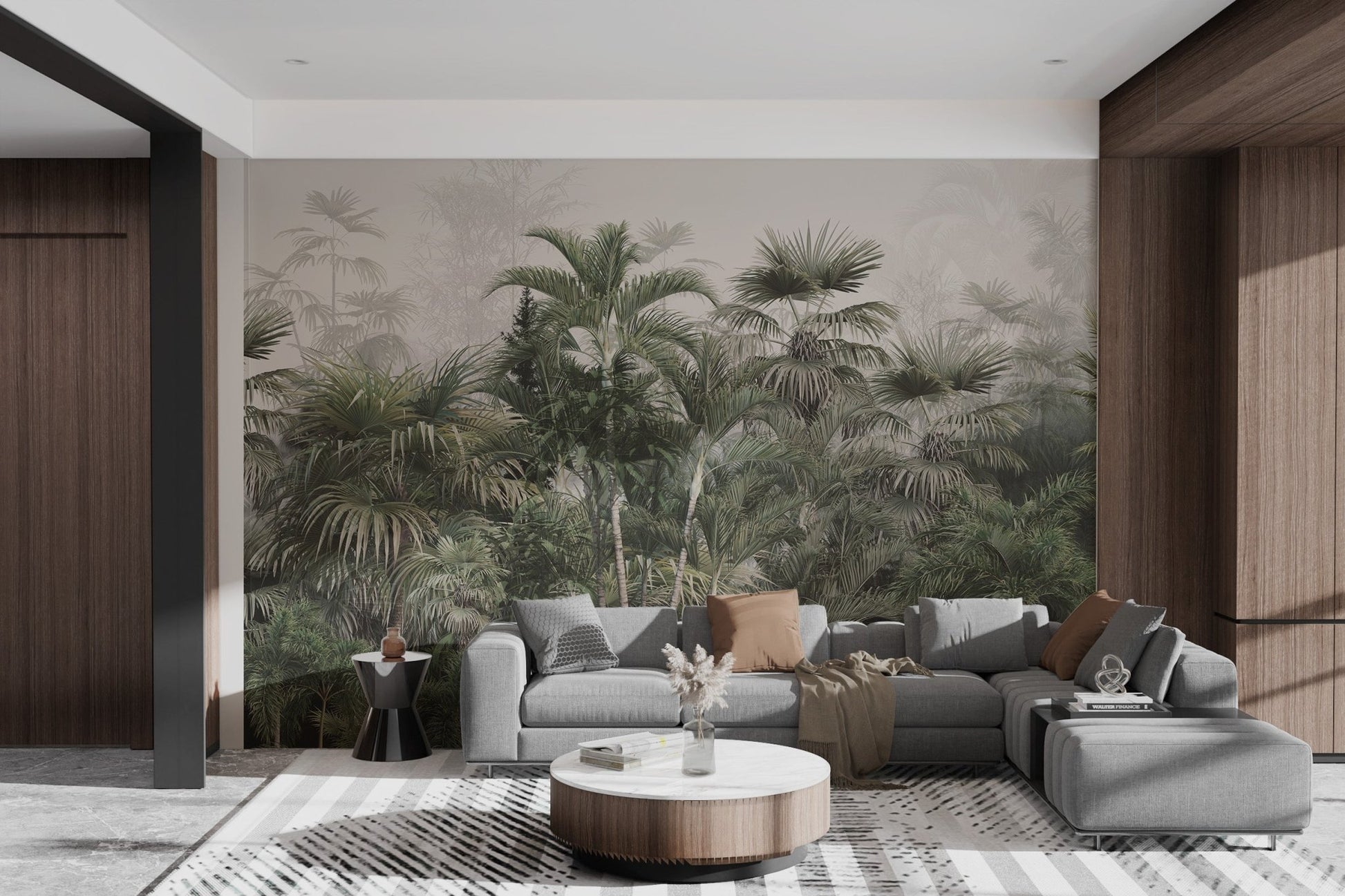Foggy forest wall mural with tropical greenery in open living area.