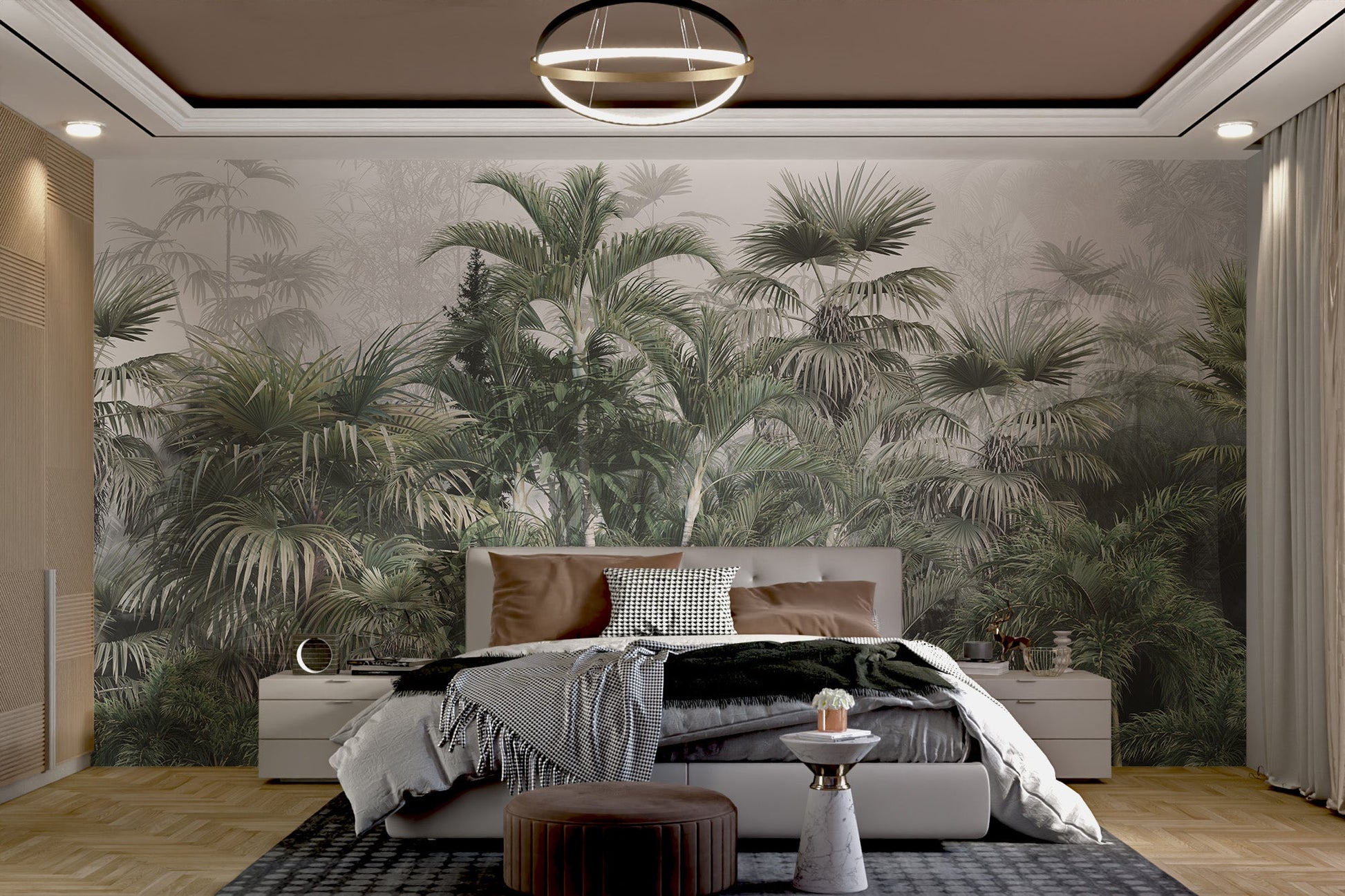 Foggy forest wall mural with lush tropical palm trees for large bedroom.