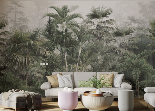 Tropical trees and leaves wall mural in foggy forest or living room.