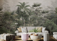 Tropical trees and leaves wall mural in foggy forest or living room.