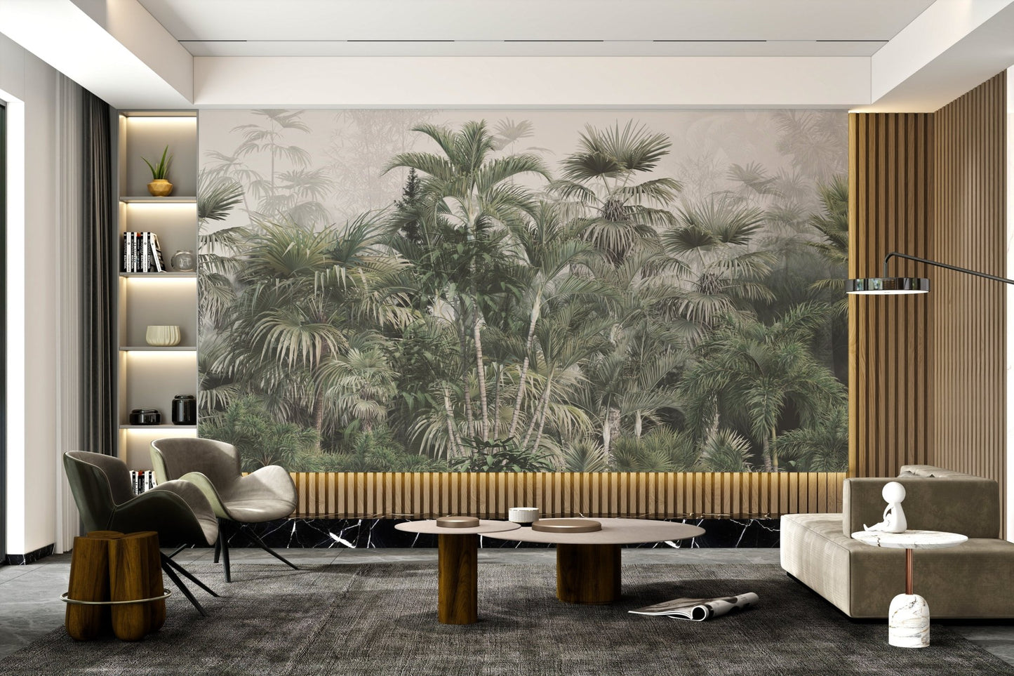 Misty tropical forest wall mural with lush leaves in modern office.