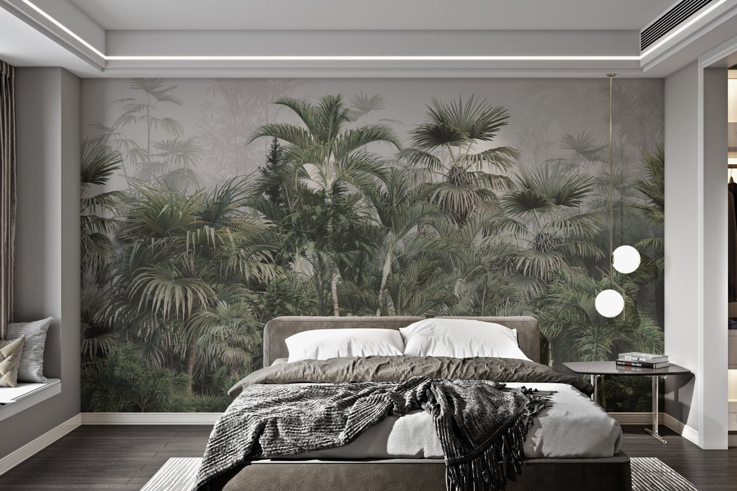 Tropical leaves and trees wall mural for modern bedroom backdrop.