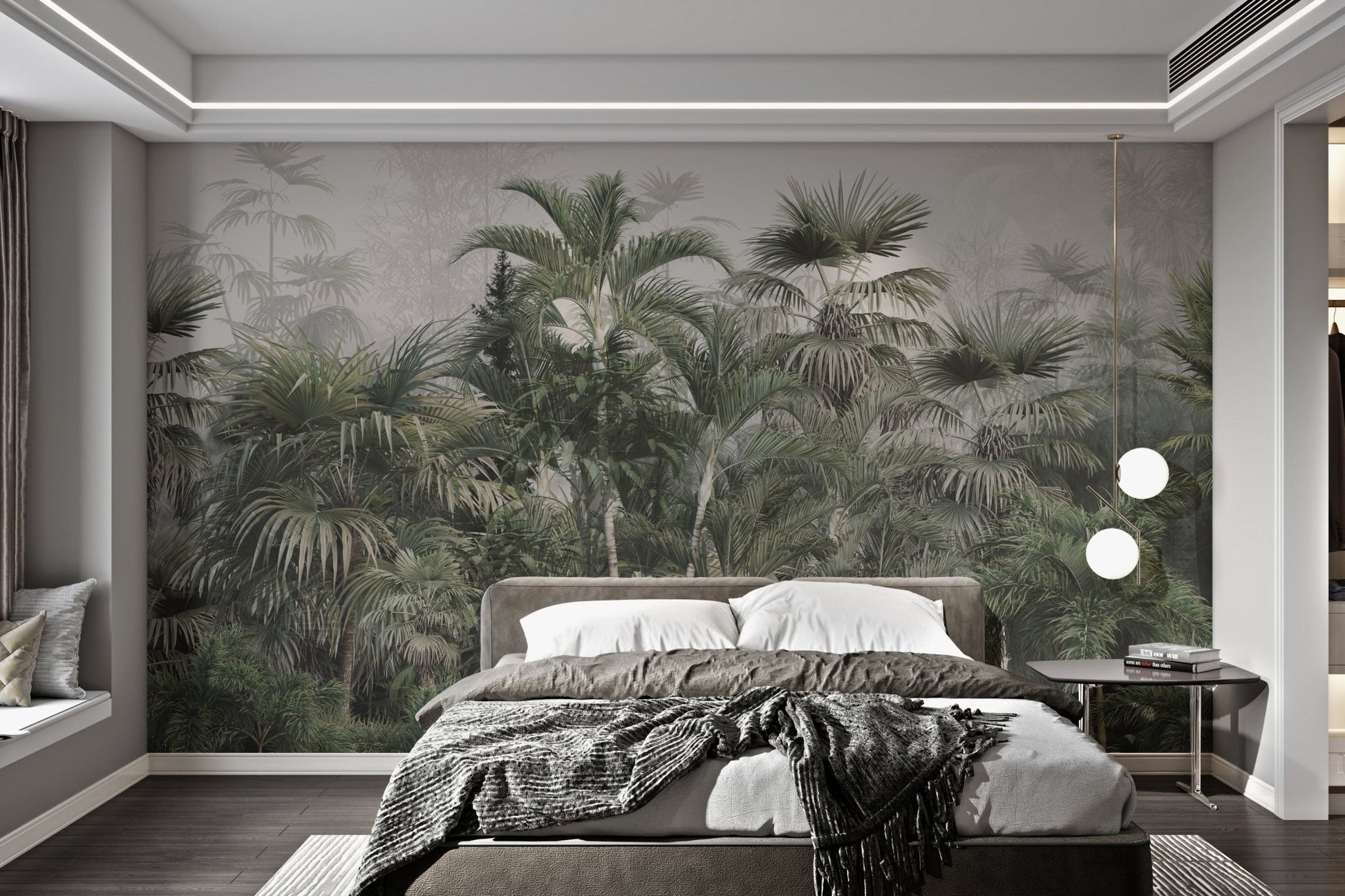 Tropical leaves and trees wall mural for modern bedroom backdrop.