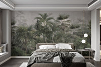 Tropical leaves and trees wall mural for modern bedroom backdrop.