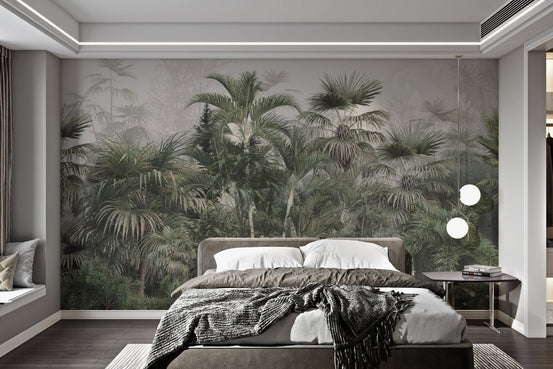Tropical leaves and trees wall mural for modern bedroom backdrop.