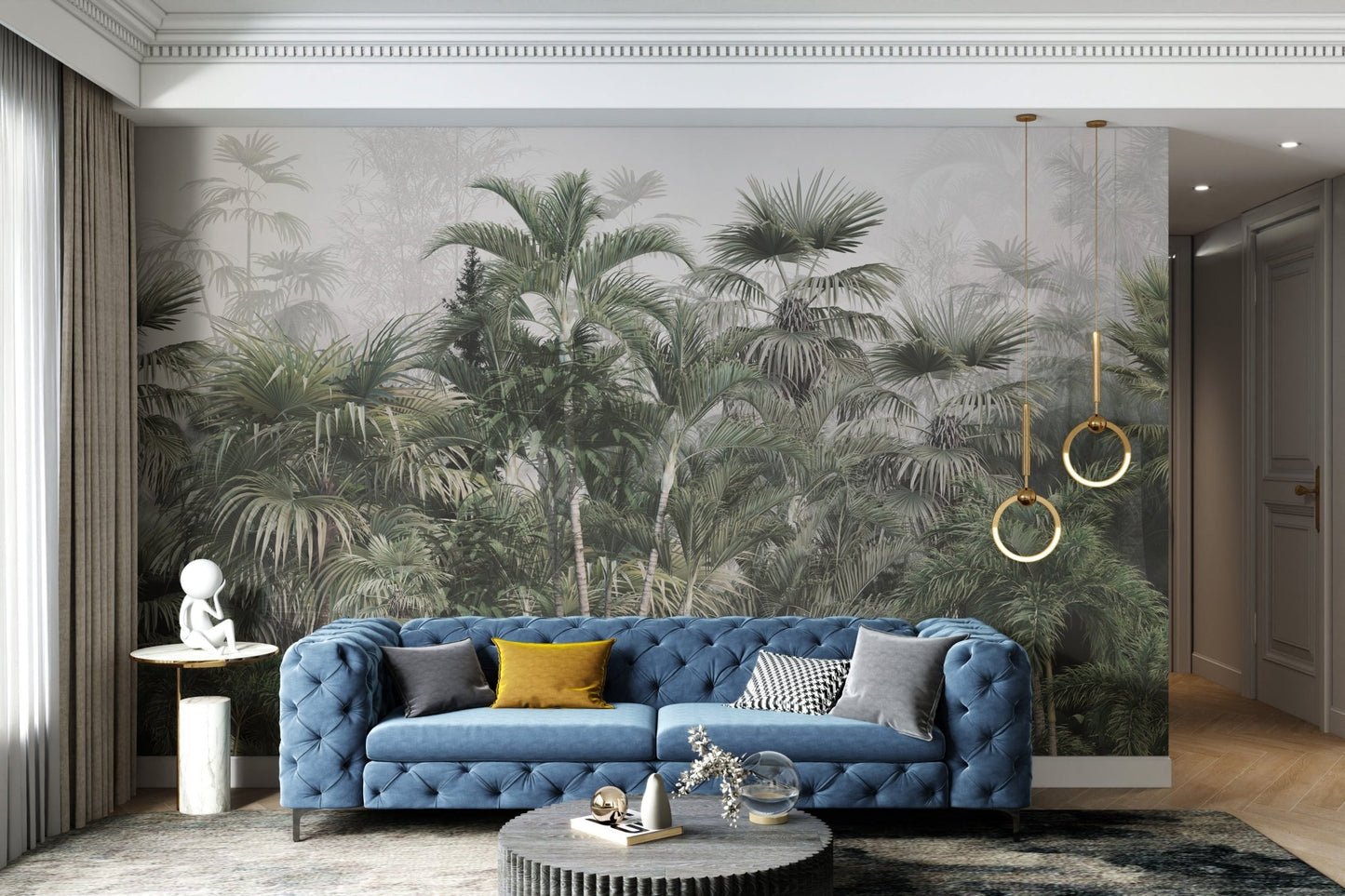 Green tropical forest wall mural for serene living space interiors