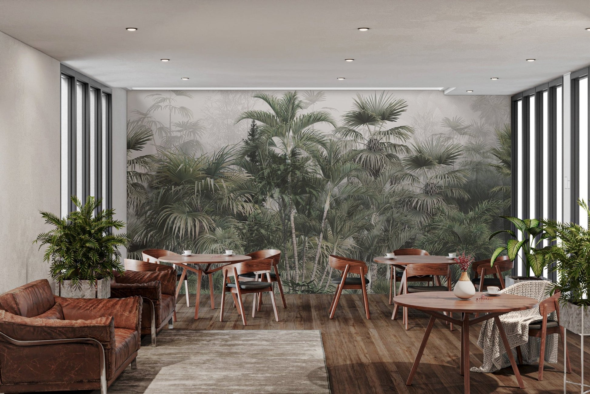 Tropical forest wall mural with misty details in cafe area.