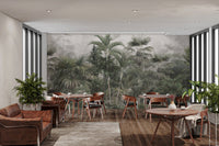 Tropical forest wall mural with misty details in cafe area.