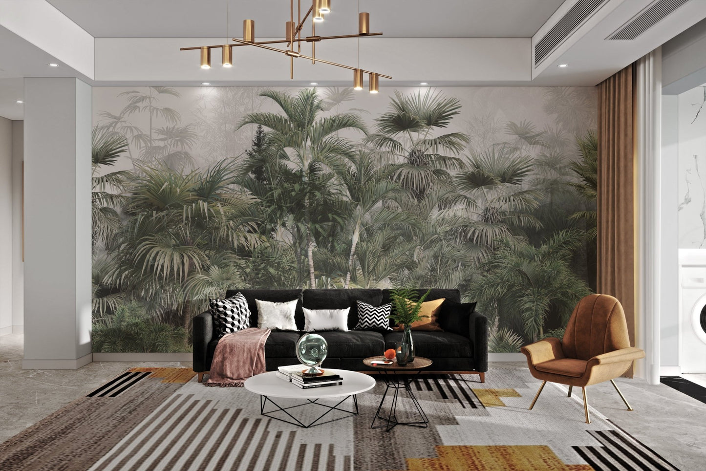 Palm trees and tropical leaves wall mural for modern living room.