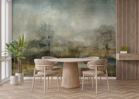 Foggy green forest wall mural with ethereal mist and muted tones.