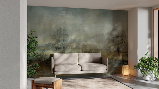 Large scale wall mural of a tranquil foggy morning in the woods.