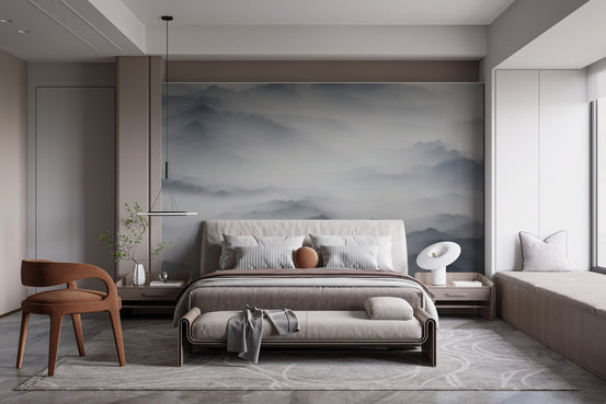 Foggy Hills Mountain Wall mural in modern bedroom with grey bed and wooden chair.
