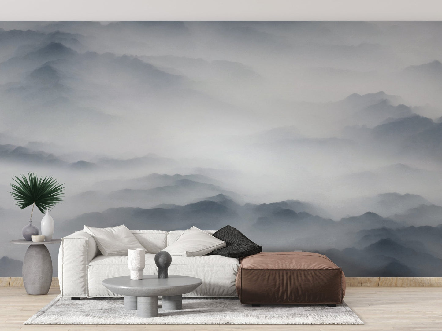 Foggy Hills Mountain Wall mural in living space with indoor plants.