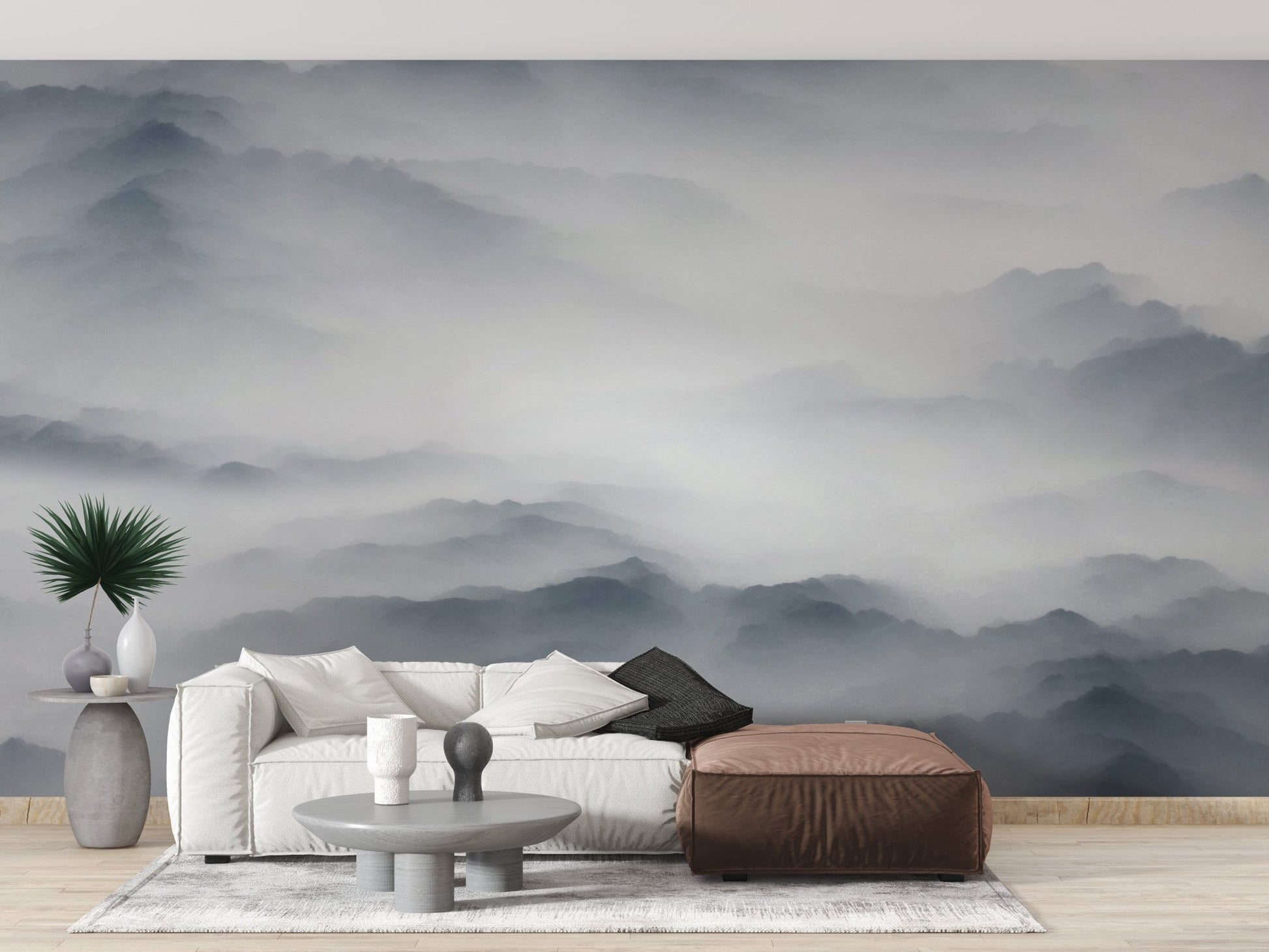 Foggy Hills Mountain Wall mural in living space with indoor plants.