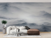 Foggy Hills Mountain Wall mural in living space with indoor plants.
