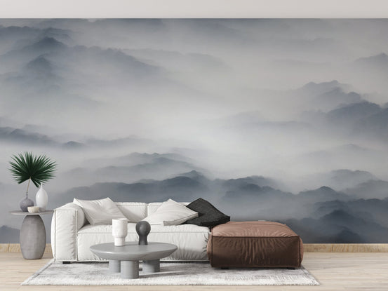 Foggy Hills Mountain Wall mural in living space with indoor plants.