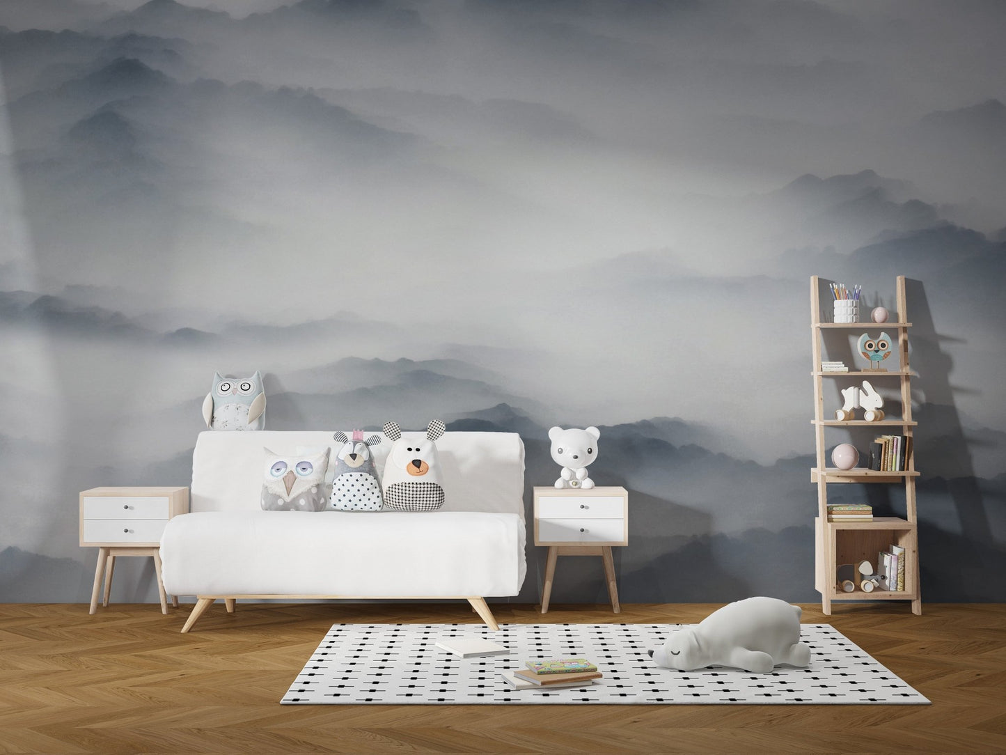Blue mist mountain wall mural behind white sofa in minimalist kids room.