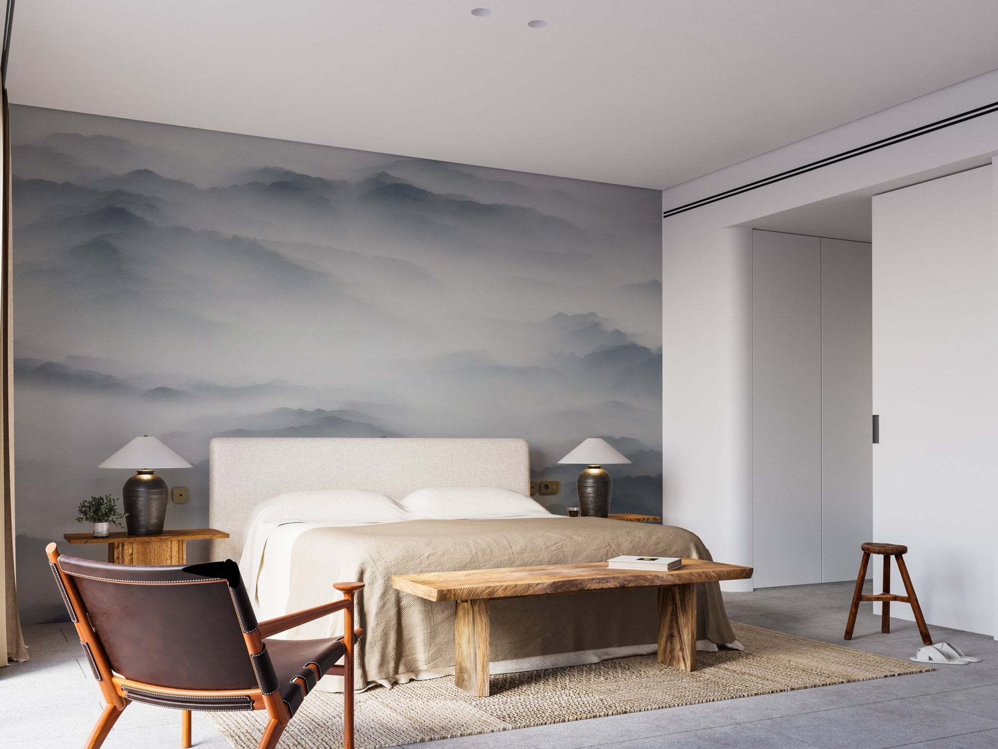 Foggy mountain wall mural for calm bedroom decor
