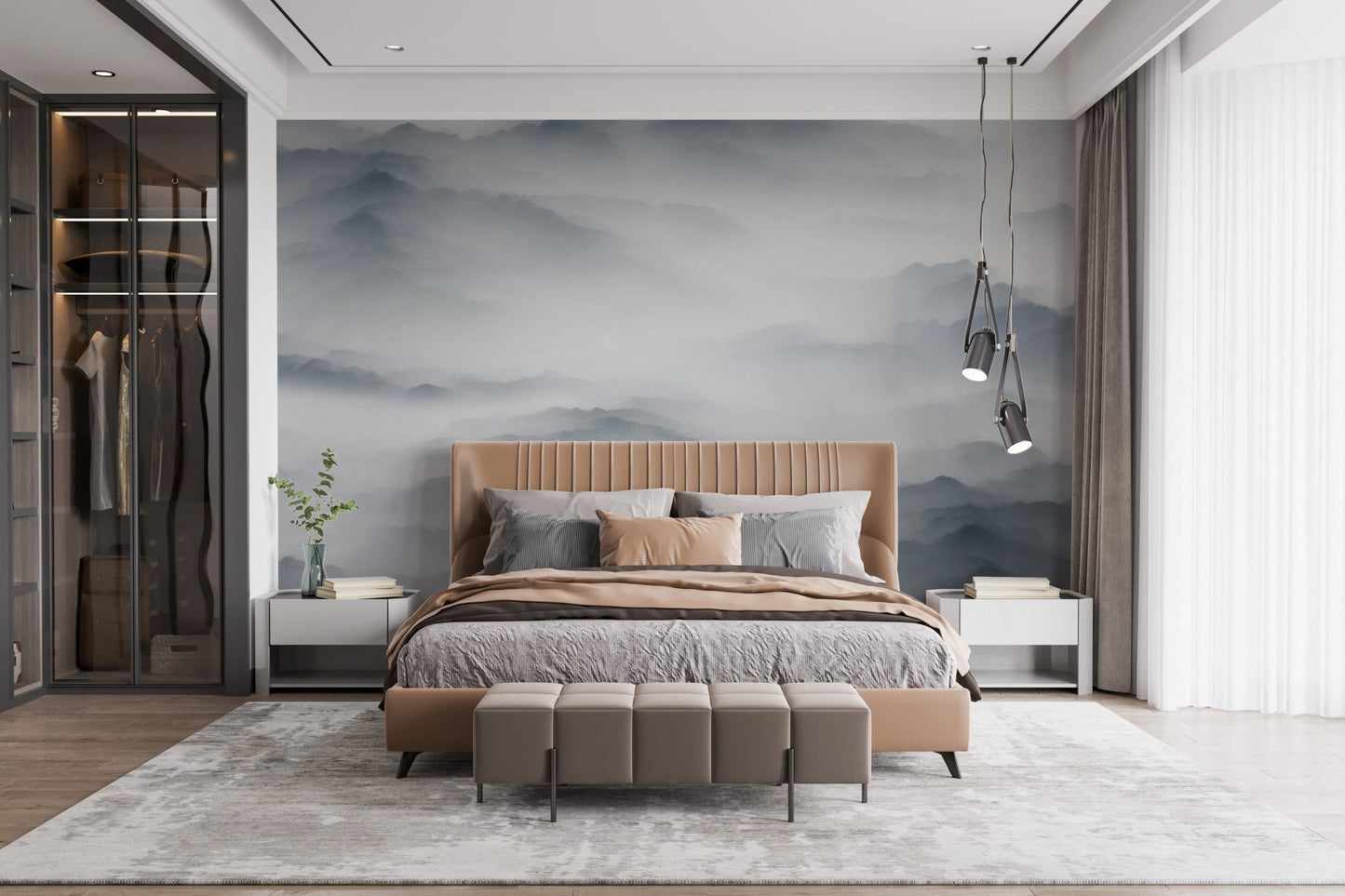 Foggy Alpine wall mural in spacious bedroom with beige bedding and wooden accents.