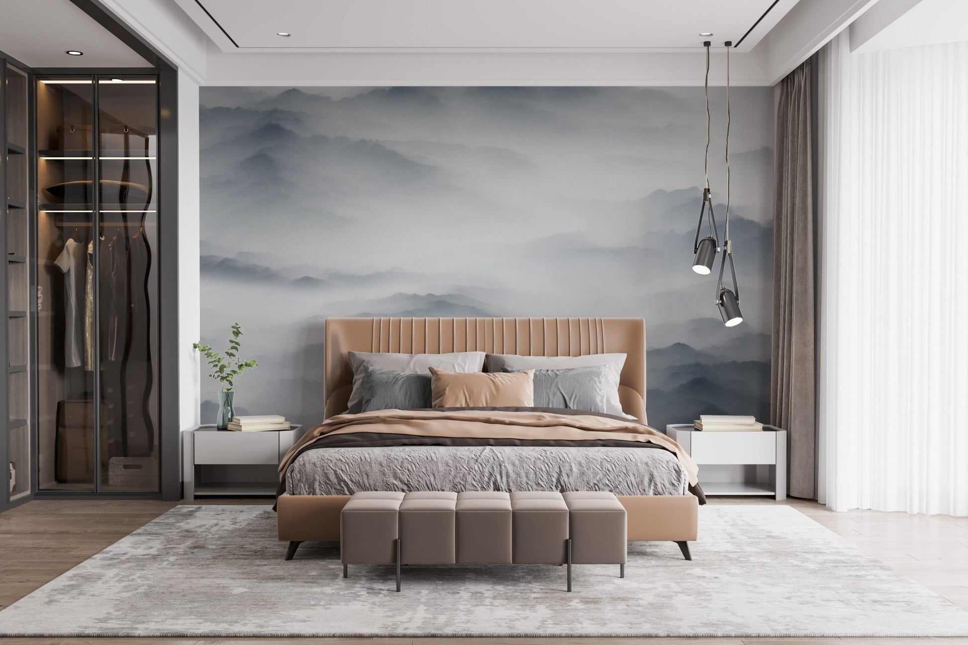 Foggy Alpine wall mural in spacious bedroom with beige bedding and wooden accents.