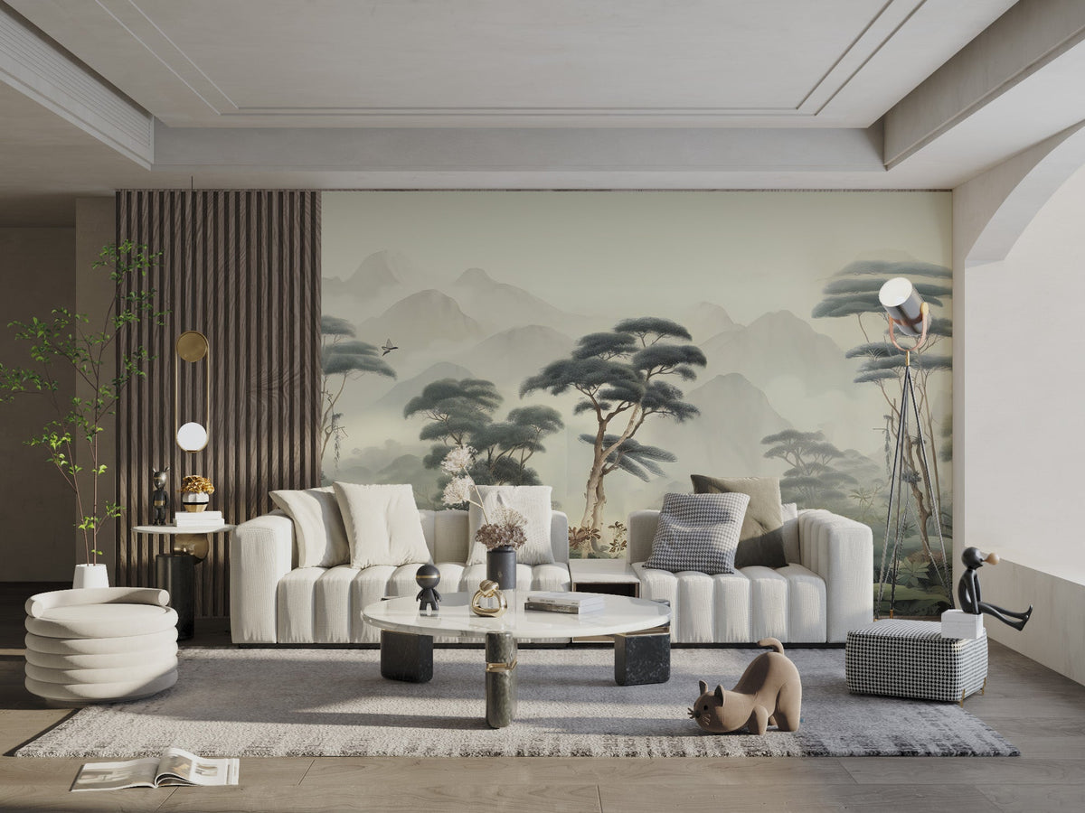 Scenic mountain landscape mural featuring a tropical canopy and atmospheric clouds.