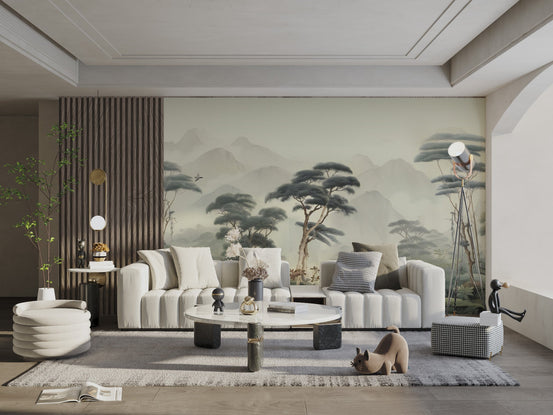 Scenic mountain landscape mural featuring a tropical canopy and atmospheric clouds.