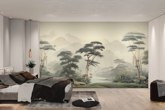 Foggy jungle landscape wallpaper with misty mountains in watercolor style.