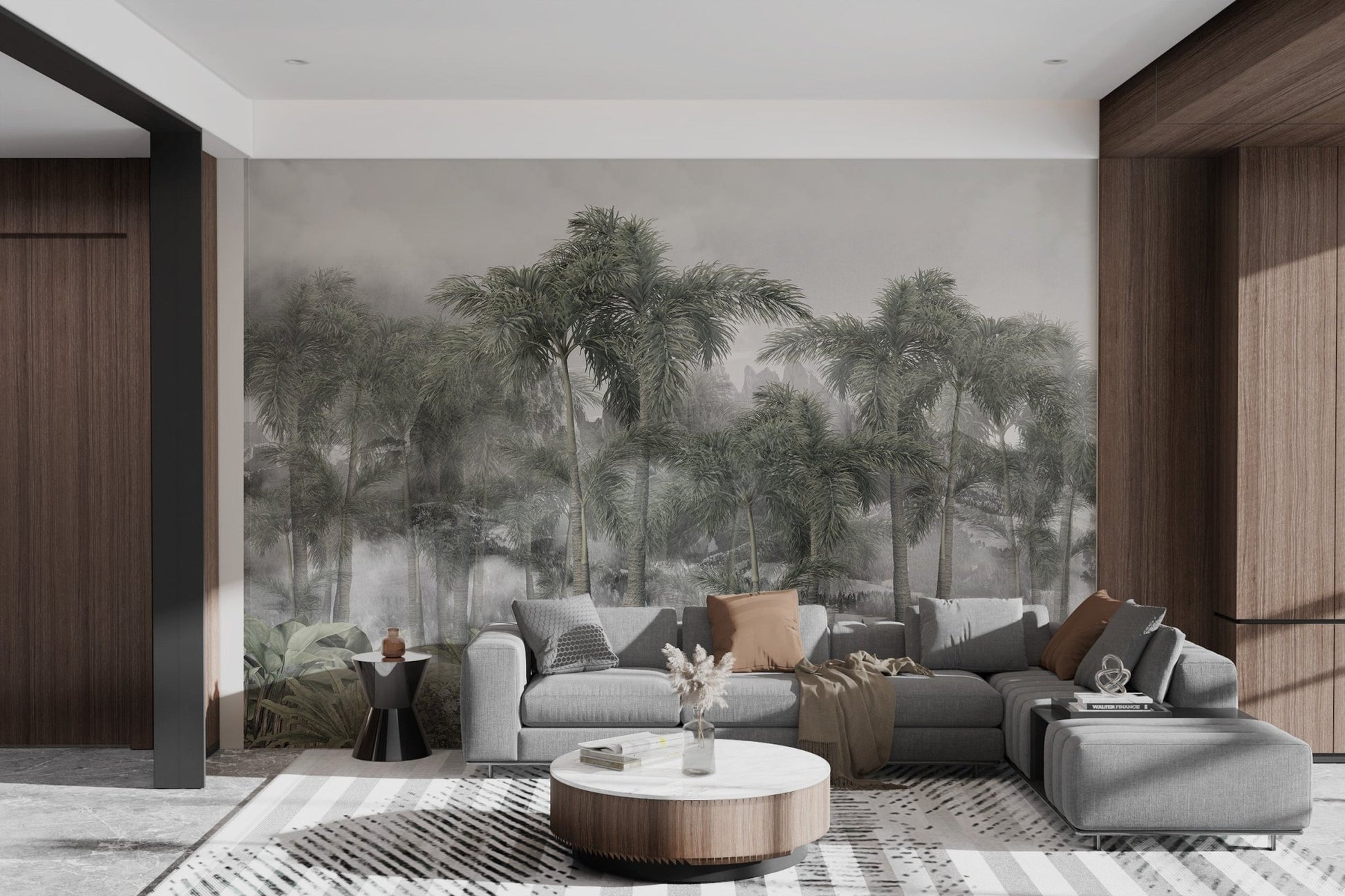 Foggy jungle tropical wall mural with banana trees in living room.