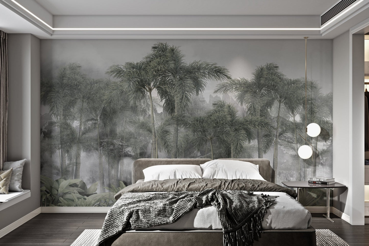 Lush jungle wall mural with mountain and palms for bedroom.