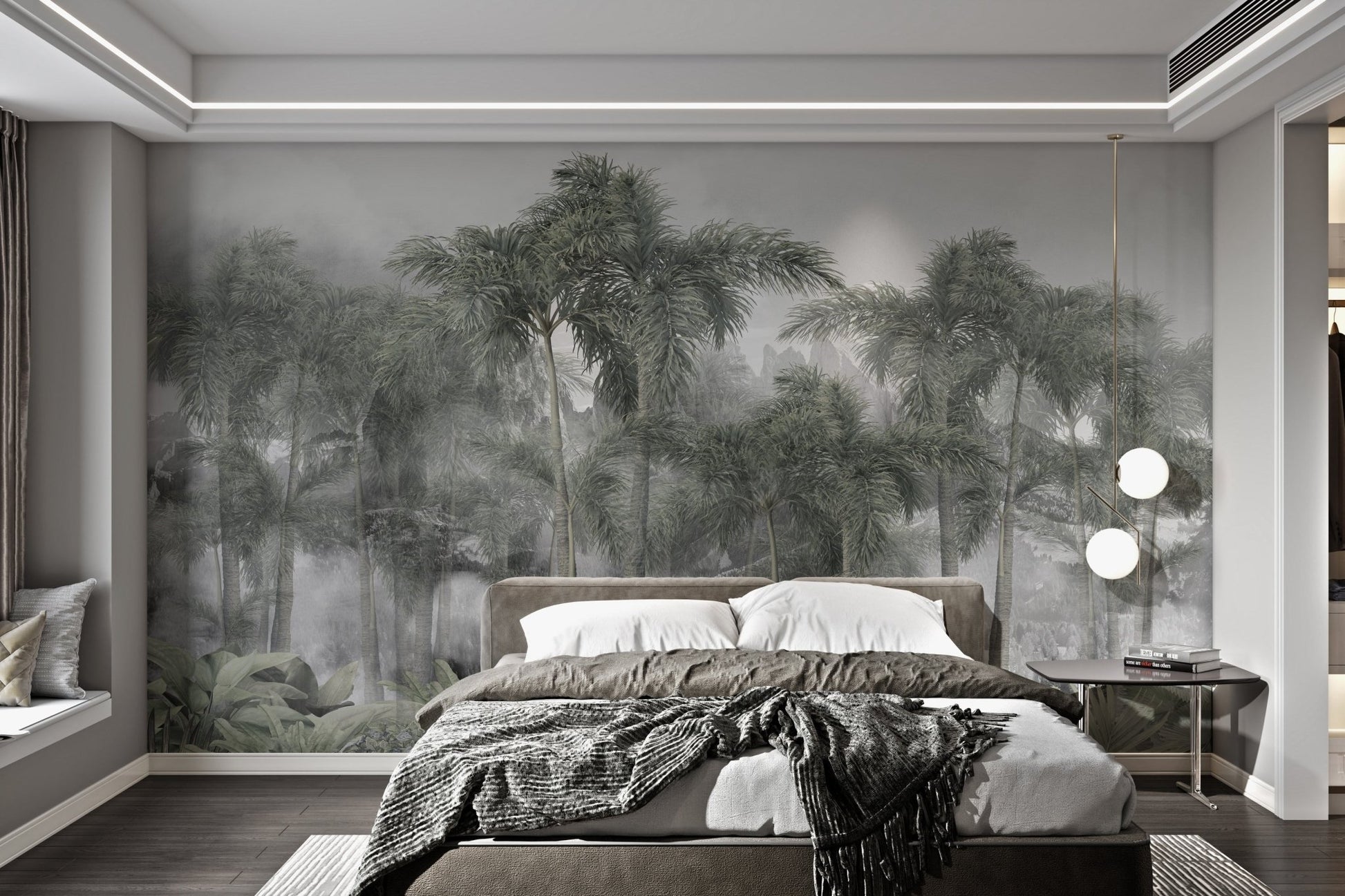 Lush jungle wall mural with mountain and palms for bedroom.