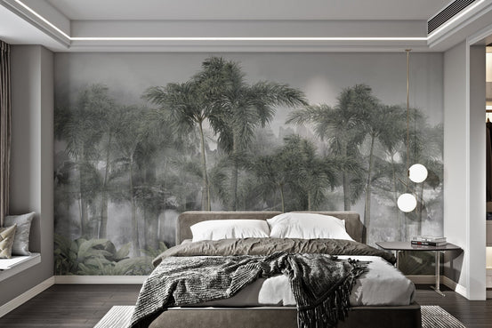 Lush jungle wall mural with mountain and palms for bedroom.