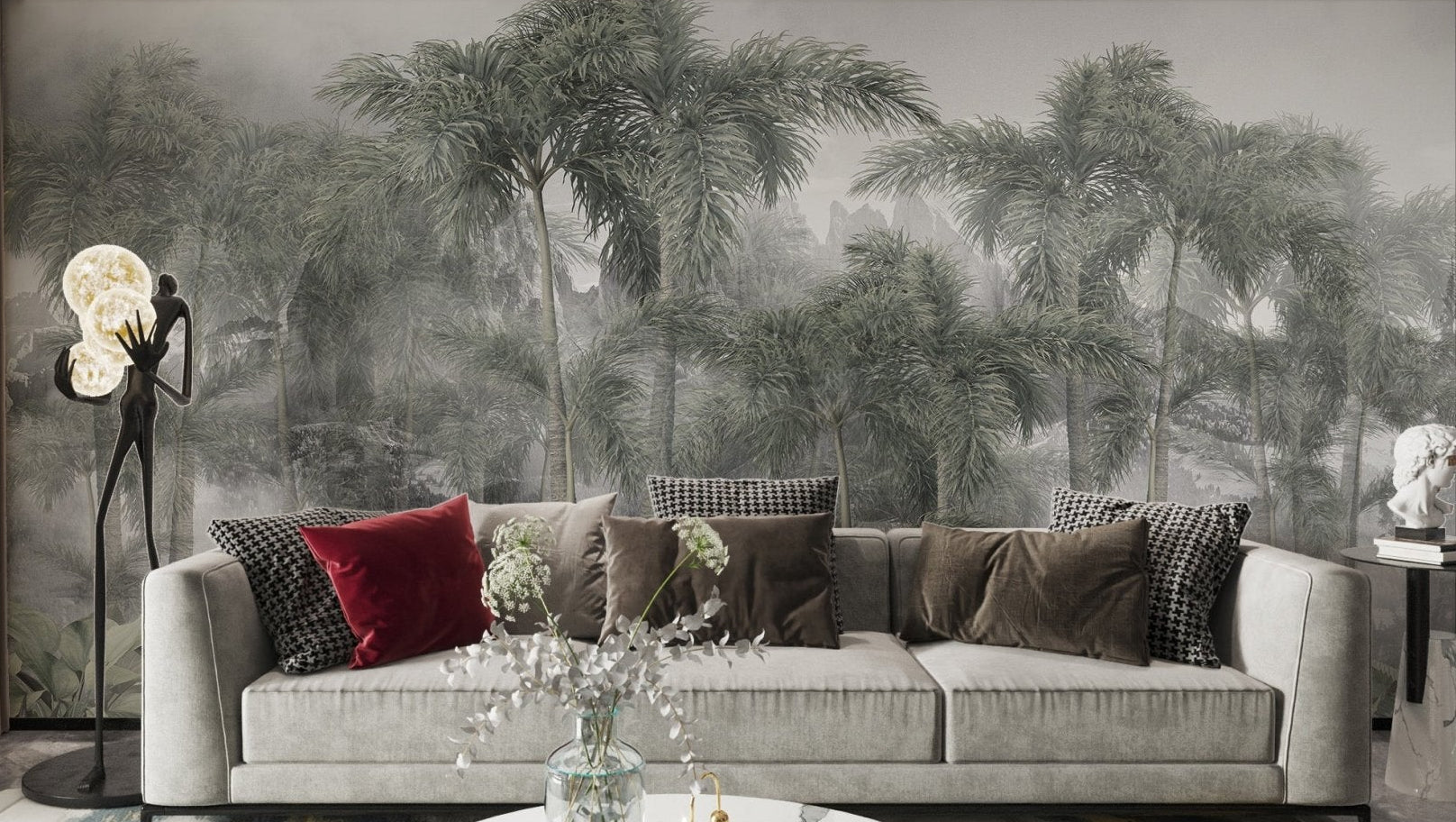 Foggy jungle tropical wall mural for living room.