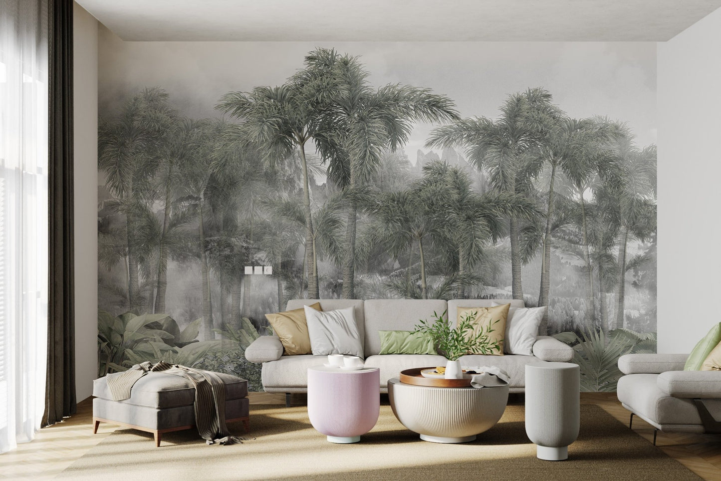 Nature-inspired foggy jungle mountain mural in bright living area.